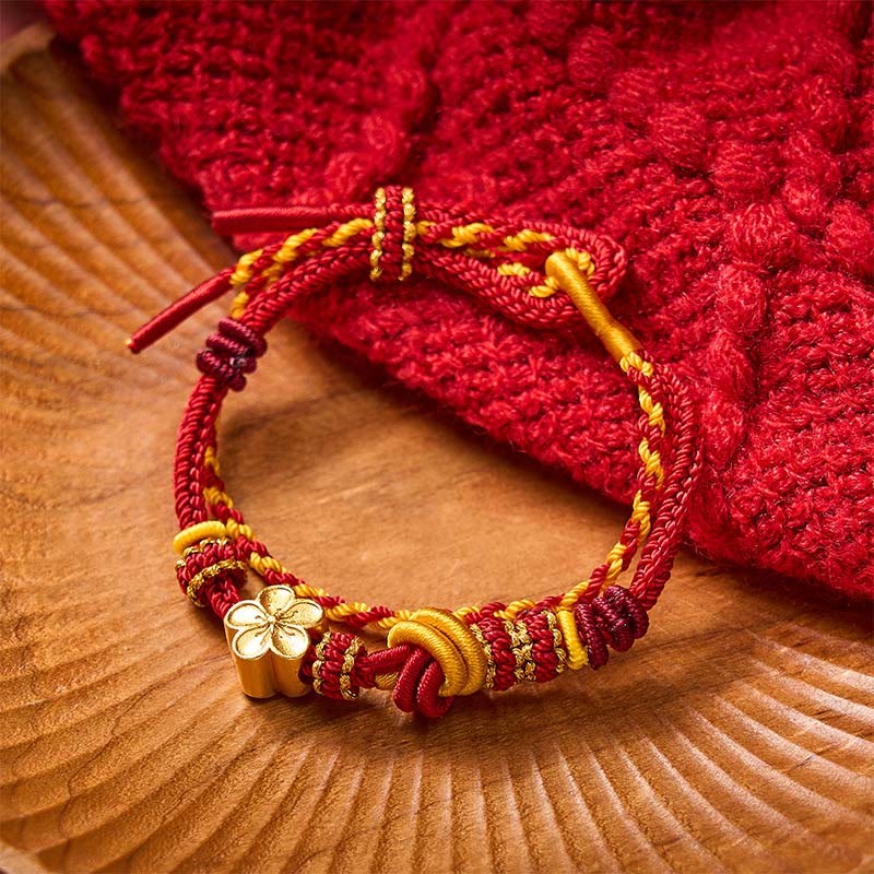 Buddha Stones Pulsera ajustable de doble vuelta con nudo de cuerda trenzada y flores - Rojo con accesorio de flores - image 0