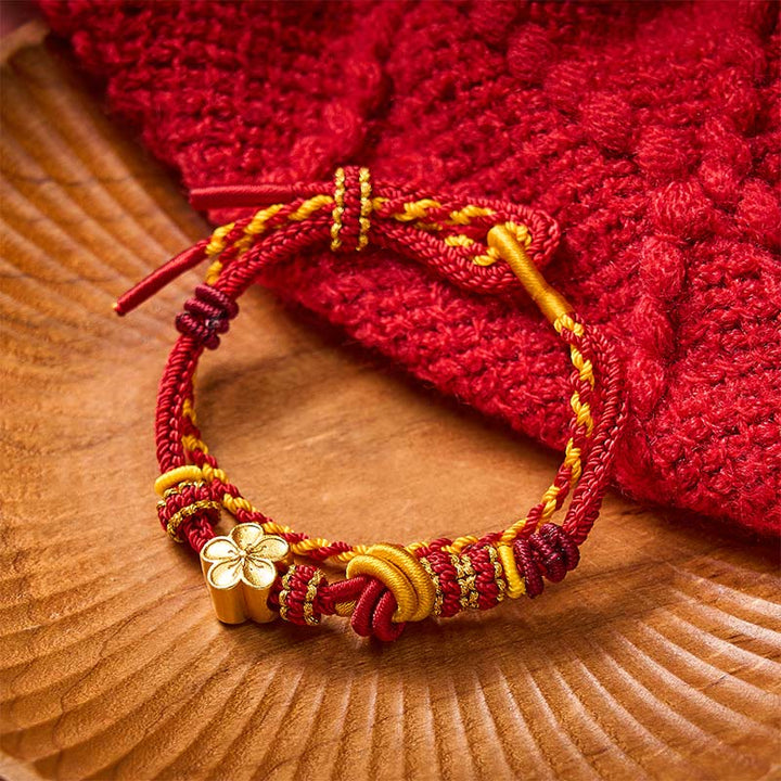 Buddha Stones Pulsera ajustable de doble vuelta con nudo de cuerda trenzada y flores - Rojo con accesorio de flores - image 0