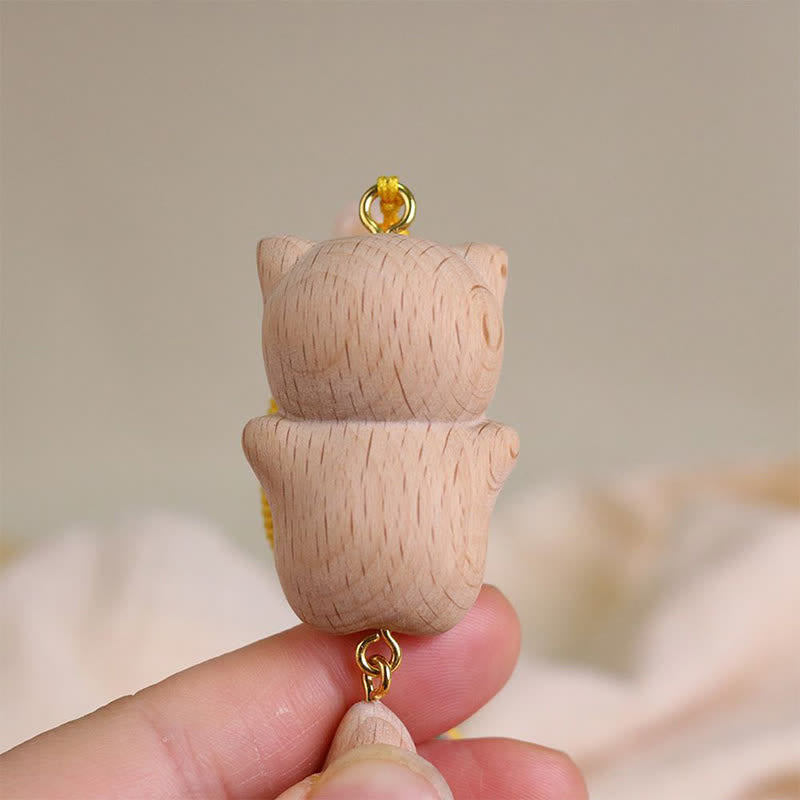 Buddha Stones Llaveros con borla hechos a mano de madera de haya con diseño de gato de la suerte - image 8