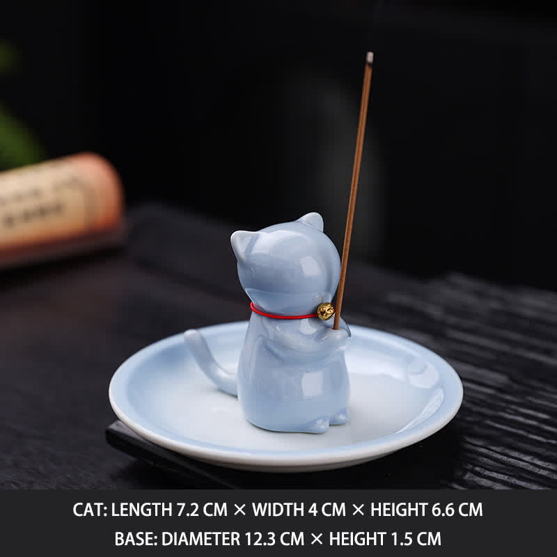 Buddha Stones Quemador de incienso de cerámica con forma de gato Kawaii y bandeja para recoger cenizas (sin incienso) - Azul - Sin incienso - image 15