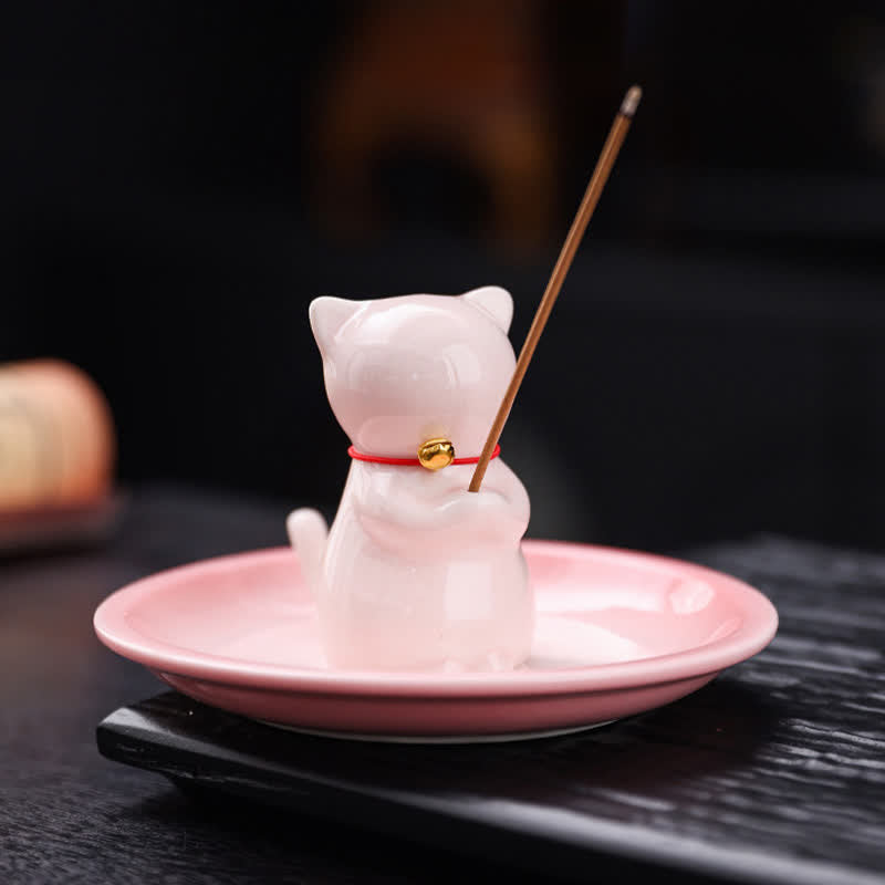 Buddha Stones Quemador de incienso de cerámica con forma de gato Kawaii y bandeja para recoger cenizas (sin incienso) - Rosa - Sin incienso - image 0