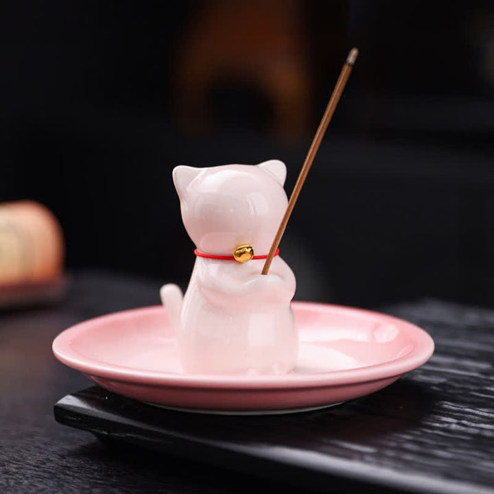 Buddha Stones Quemador de incienso de cerámica con forma de gato Kawaii y bandeja para recoger cenizas (sin incienso) - Rosa - Sin incienso - image 0