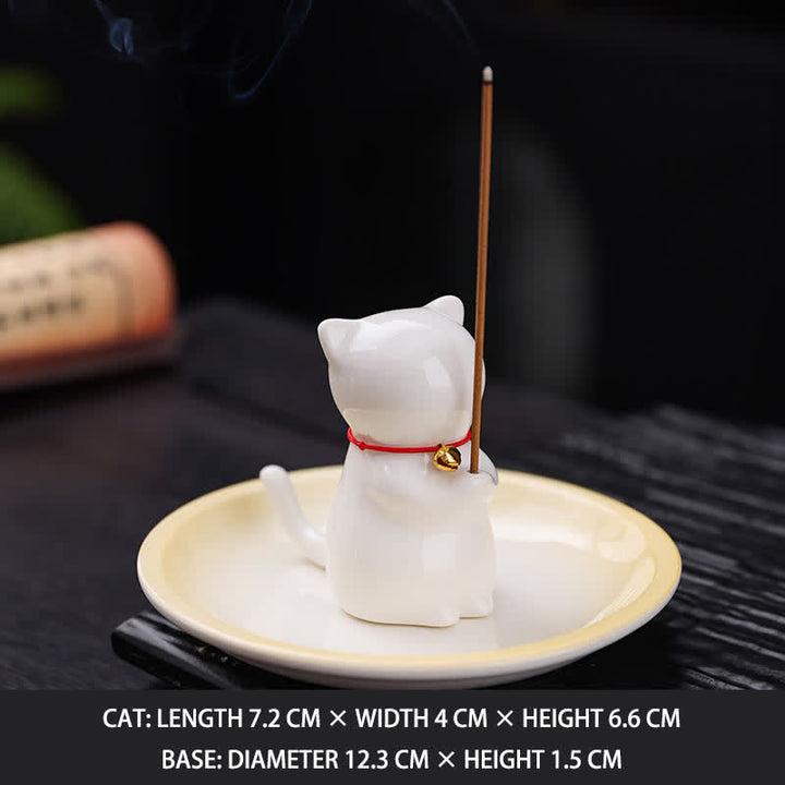 Buddha Stones Quemador de incienso de cerámica con forma de gato Kawaii y bandeja para recoger cenizas (sin incienso) - Blanco - Sin incienso - image 14