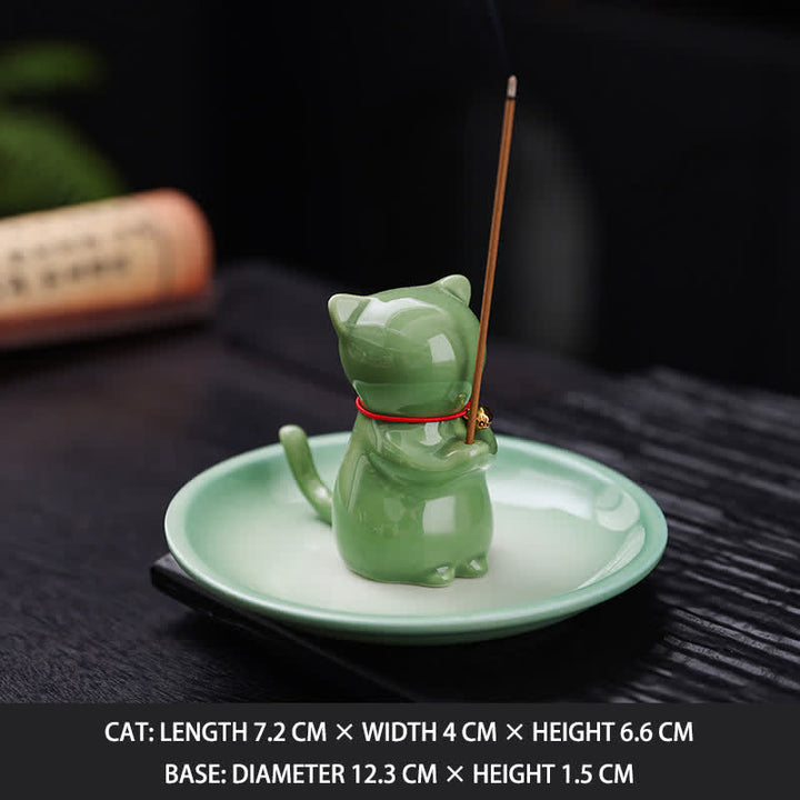 Buddha Stones Quemador de incienso de cerámica con forma de gato Kawaii y bandeja para recoger cenizas (sin incienso) - Verde - Sin incienso - image 18