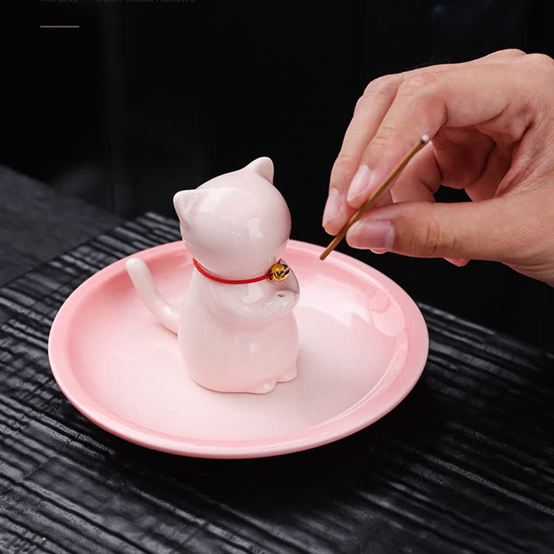 Buddha Stones Quemador de incienso de cerámica con forma de gato Kawaii y bandeja para recoger cenizas (sin incienso) - image 3