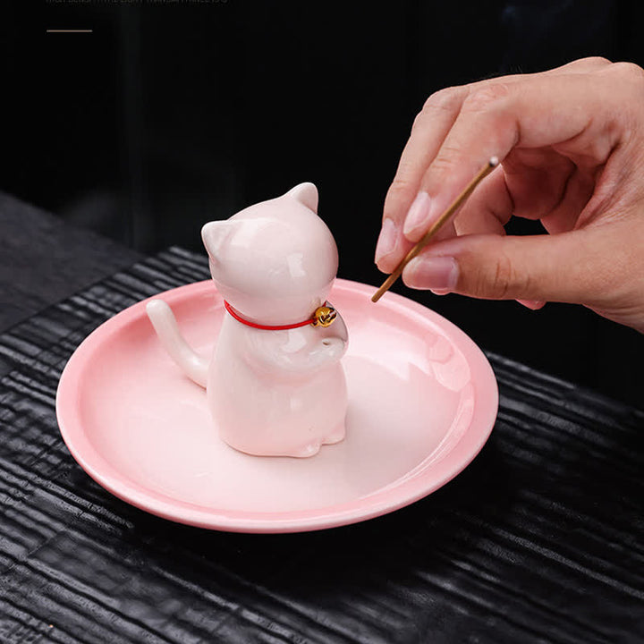 Buddha Stones Quemador de incienso de cerámica con forma de gato Kawaii y bandeja para recoger cenizas (sin incienso) - image 3