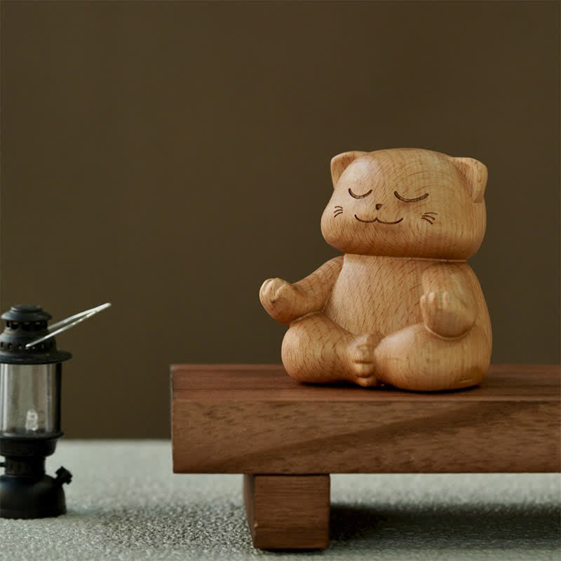 Buddha Stones Gato meditando en madera, iluminación, tallado a mano, adorable decoración animal. - image 1