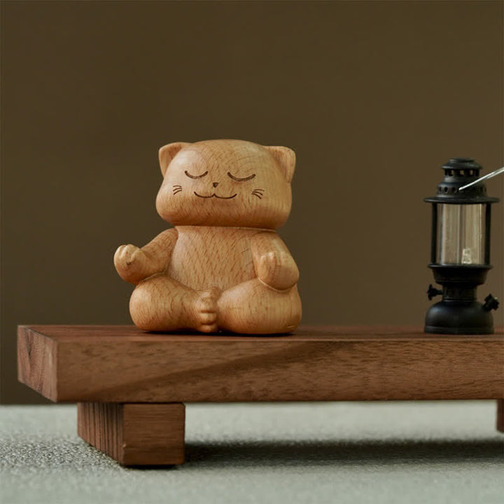 Buddha Stones Gato meditando en madera, iluminación, tallado a mano, adorable decoración animal. - image 2