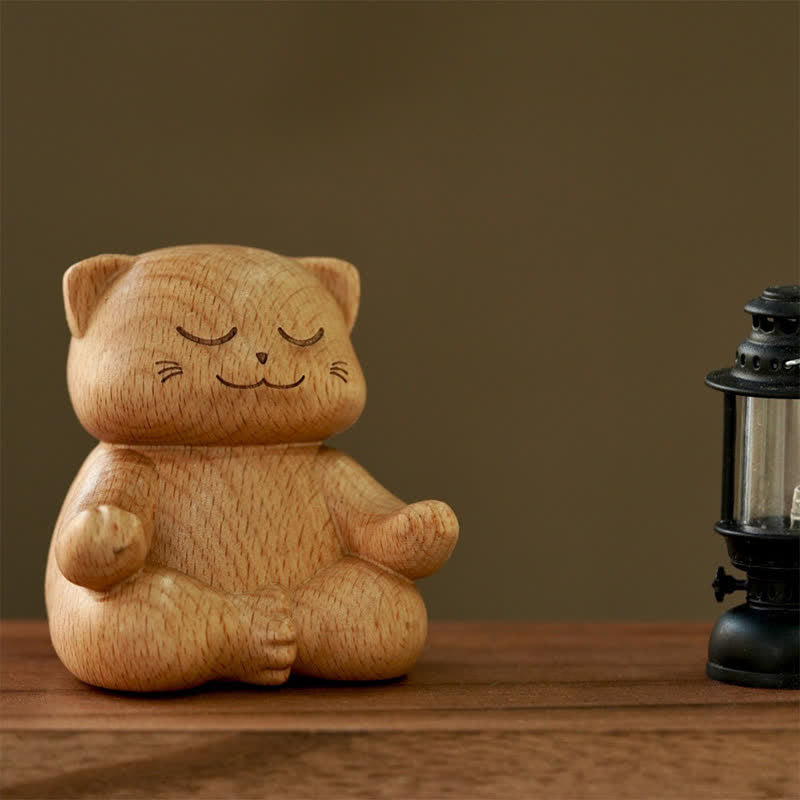 Buddha Stones Gato meditando en madera, iluminación, tallado a mano, adorable decoración animal. - image 3