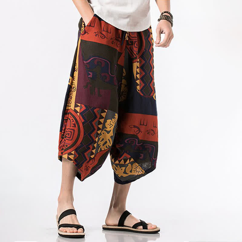 Buddha Stones Pantalones capri de lino y algodón con estampado floral y cordón ajustable, estilo bohemio veraniego para hombre. - image 13
