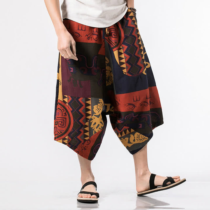 Buddha Stones Pantalones capri de lino y algodón con estampado floral y cordón ajustable, estilo bohemio veraniego para hombre. - Rojo - US/UK/AU48，EU58(5XL) - image 7