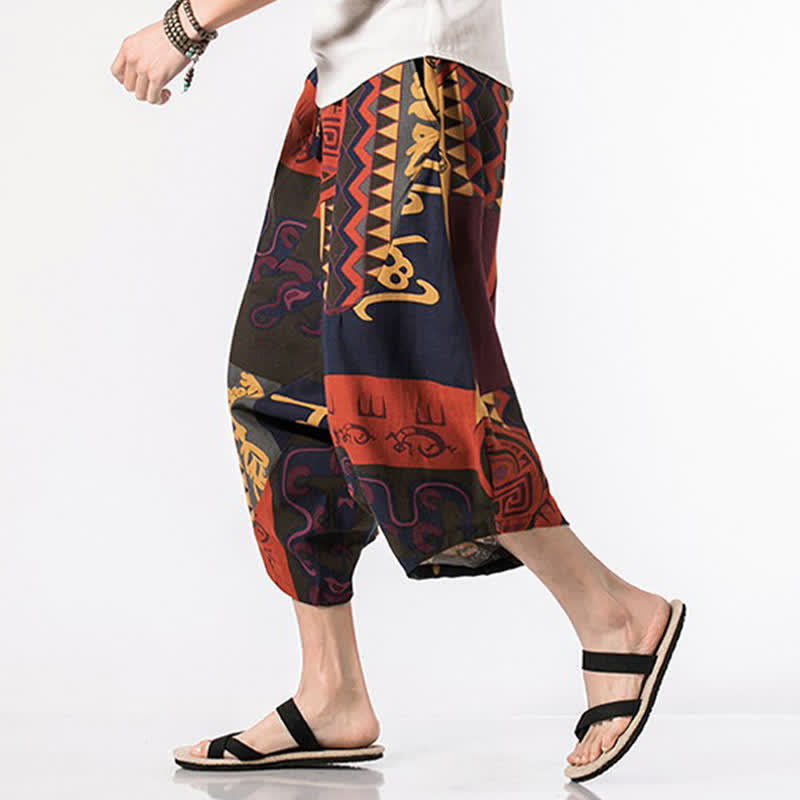 Buddha Stones Pantalones capri de lino y algodón con estampado floral y cordón ajustable, estilo bohemio veraniego para hombre. - image 11