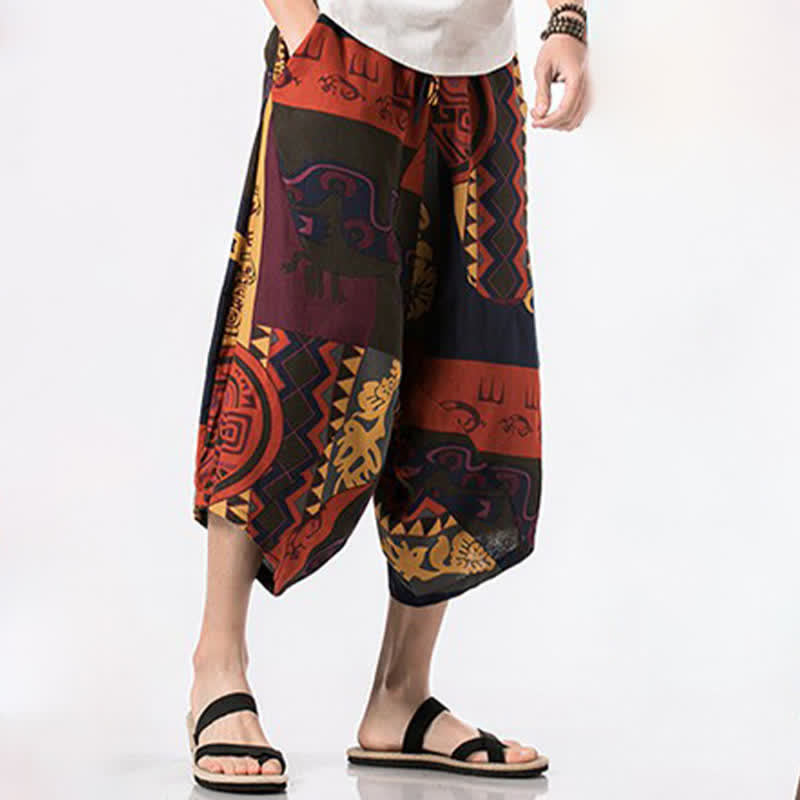 Buddha Stones Pantalones capri de lino y algodón con estampado floral y cordón ajustable, estilo bohemio veraniego para hombre. - image 8
