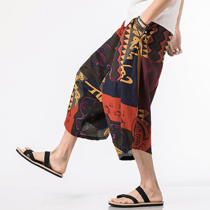 Buddha Stones Pantalones capri de lino y algodón con estampado floral y cordón ajustable, estilo bohemio veraniego para hombre. - image 12