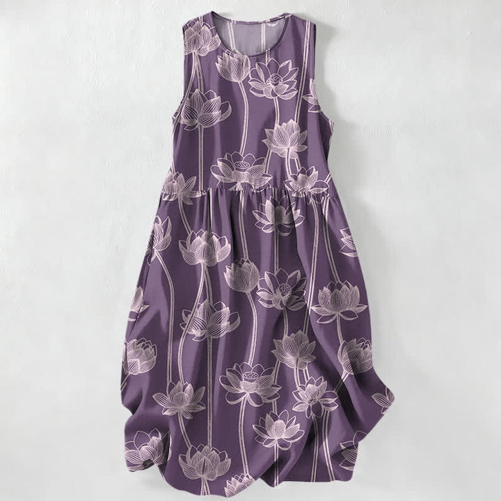 Buddha Stones Vestido midi de verano informal para mujer con estampado de loto y diseño lineal, sin mangas y con bolsillos. - Ciruela - US16，UK/AU20，EU48 (3XL) - image 4