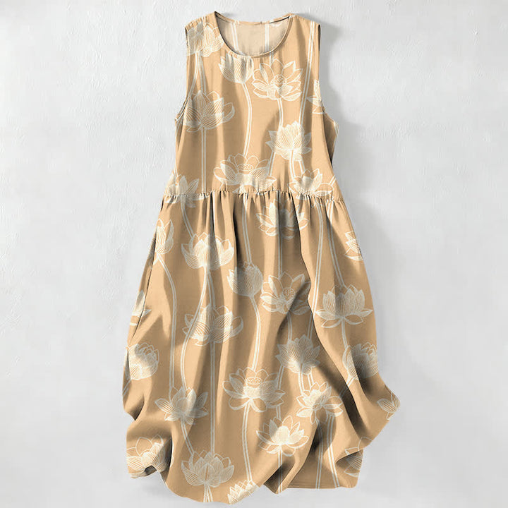 Buddha Stones Vestido midi de verano informal para mujer con estampado de loto y diseño lineal, sin mangas y con bolsillos. - Broncearse - US16，UK/AU20，EU48 (3XL) - image 5