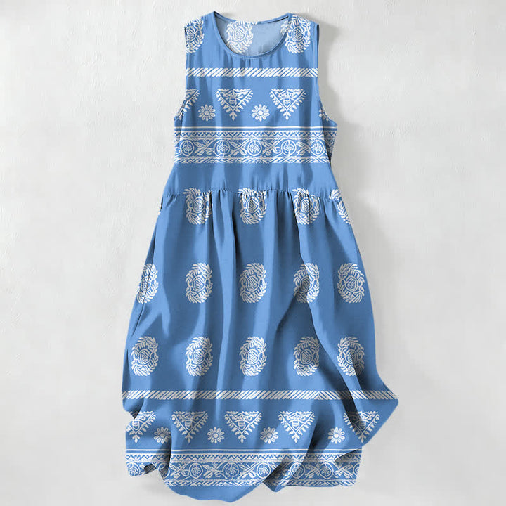 Buddha Stones Vestido midi de verano informal para mujer con estampado geométrico de medallones y rayas, sin mangas y con bolsillos. - Azul aciano - US16，UK/AU20，EU48 (3XL) - image 0