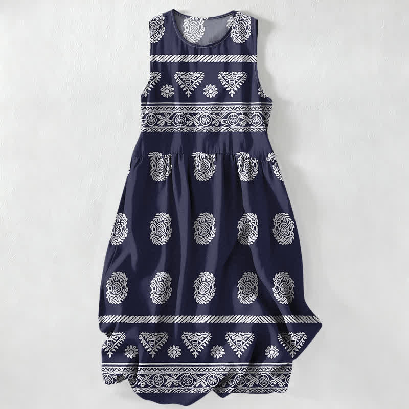 Buddha Stones Vestido midi de verano informal para mujer con estampado geométrico de medallones y rayas, sin mangas y con bolsillos. - Marina de guerra - US16，UK/AU20，EU48 (3XL) - image 4
