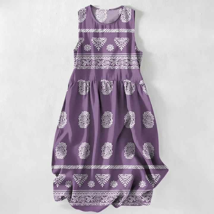 Buddha Stones Vestido midi de verano informal para mujer con estampado geométrico de medallones y rayas, sin mangas y con bolsillos. - Morado medio - US16，UK/AU20，EU48 (3XL) - image 5