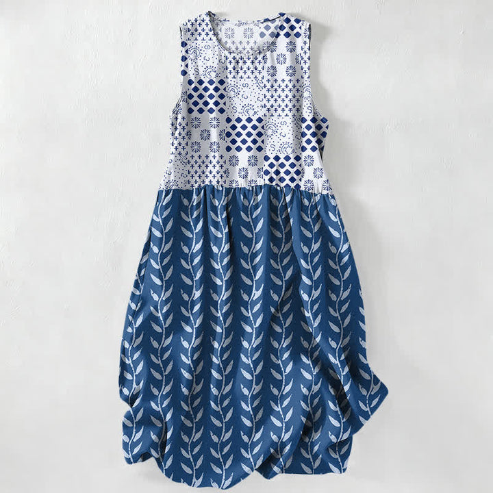 Buddha Stones Vestido midi de verano informal para mujer con estampado geométrico de enredaderas y bolsillos. - Azul acero - US16，UK/AU20，EU48 (3XL) - image 0