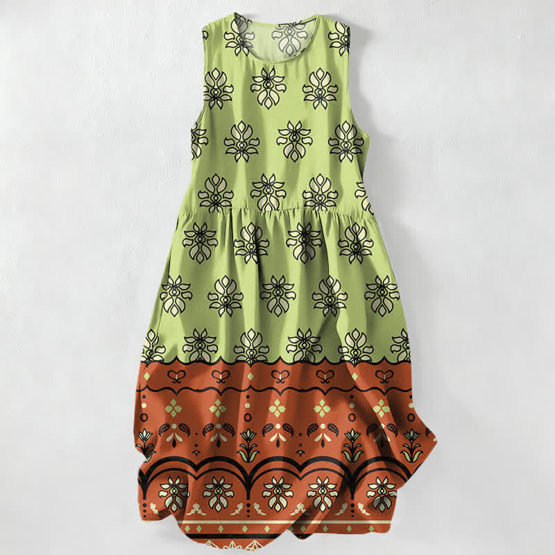 Buddha Stones Vestido midi de verano informal para mujer con estampado floral en color menta y bolsillos. - Verde claro - US16，UK/AU20，EU48 (3XL) - image 0