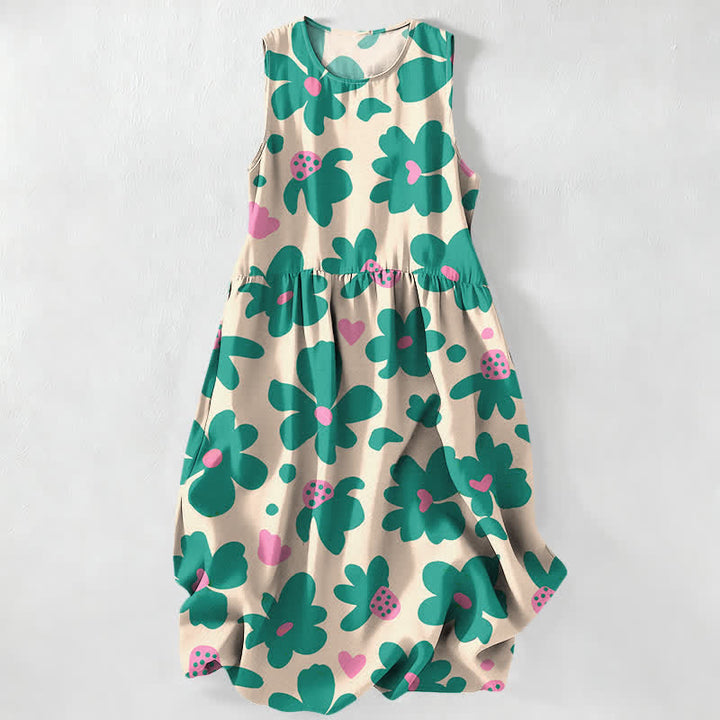 Buddha Stones Vestido midi de verano informal para mujer con estampado floral verde de corazones y sin mangas, con bolsillos. - Beige - US16，UK/AU20，EU48 (3XL) - image 0