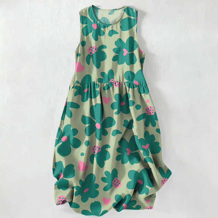 Buddha Stones Vestido midi de verano informal para mujer con estampado floral verde de corazones y sin mangas, con bolsillos. - Verde pálido - US16，UK/AU20，EU48 (3XL) - image 4