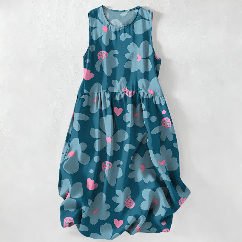 Buddha Stones Vestido midi de verano informal para mujer con estampado floral verde de corazones y sin mangas, con bolsillos. - Verde azulado - US16，UK/AU20，EU48 (3XL) - image 5