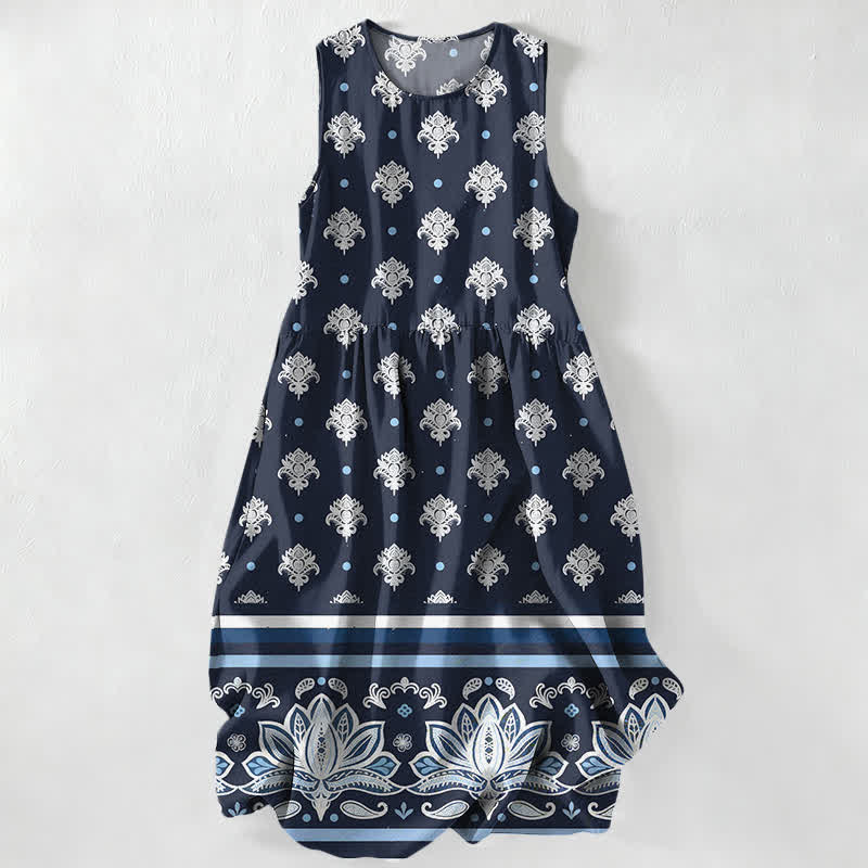 Buddha Stones Vestido midi de verano informal para mujer con estampado floral y borde de loto, sin mangas y con bolsillos. - Marina de guerra - US16，UK/AU20，EU48 (3XL) - image 0