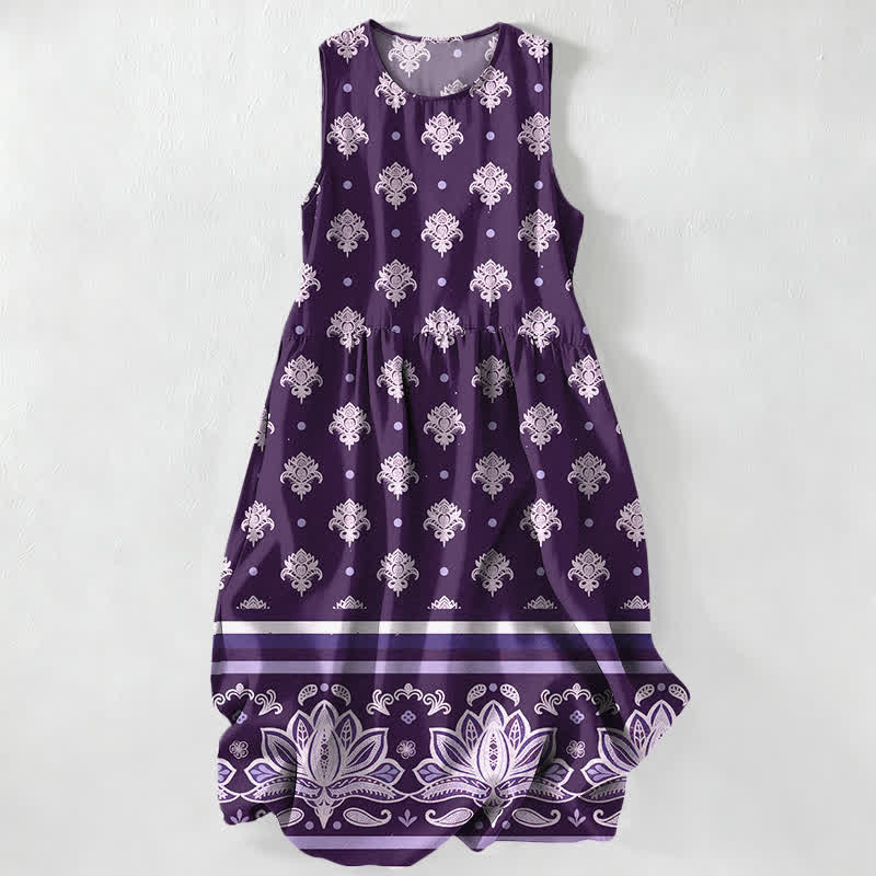 Buddha Stones Vestido midi de verano informal para mujer con estampado floral y borde de loto, sin mangas y con bolsillos. - Púrpura - US16，UK/AU20，EU48 (3XL) - image 4