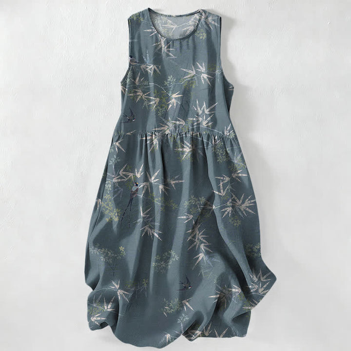 Buddha Stones Vestido midi de verano informal para mujer con estampado de hojas de bambú y bolsillos. - Azul cadete - US16，UK/AU20，EU48 (3XL) - image 5
