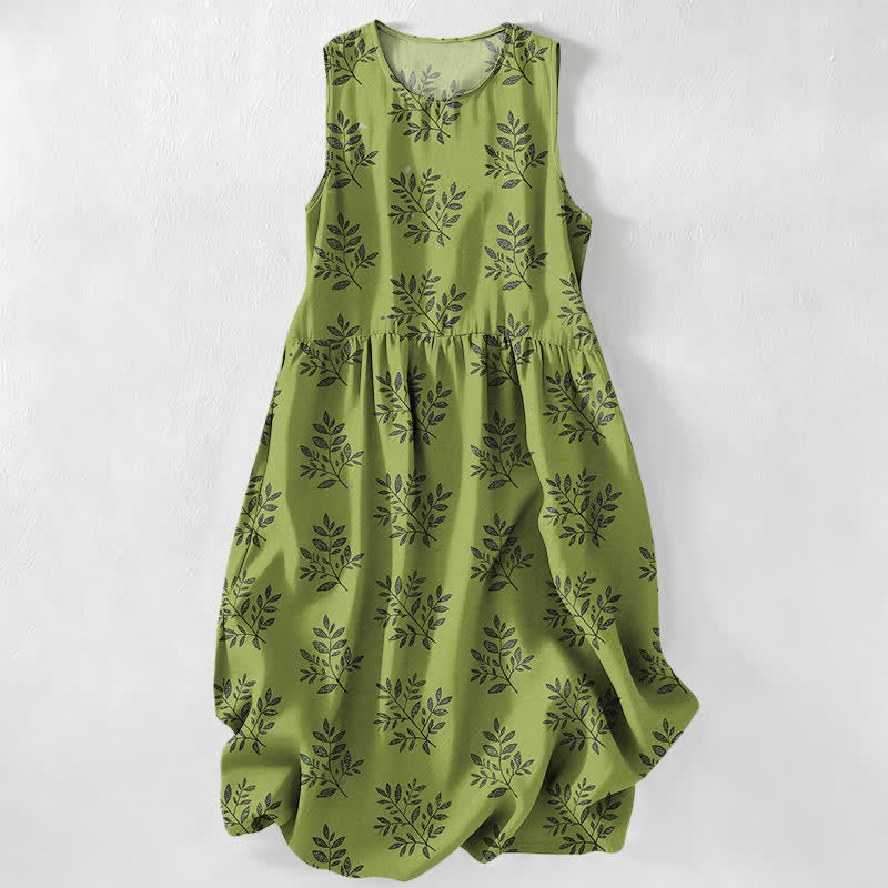 Buddha Stones Vestido midi de verano informal para mujer con estampado de hojas botánicas y bolsillos. - Verde oliva - US16，UK/AU20，EU48 (3XL) - image 0