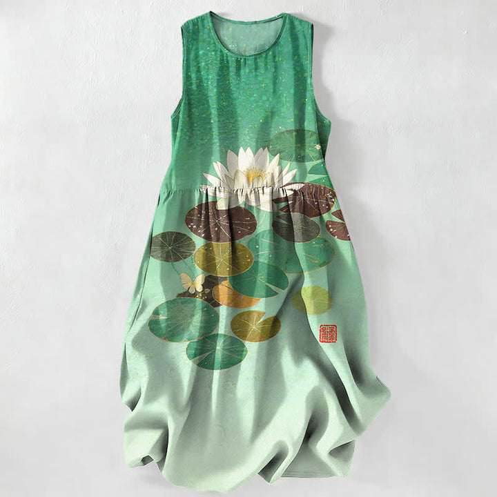 Buddha Stones Vestido midi de verano informal para mujer con estampado de estanque de lotos y sin mangas, con bolsillos. - Aguamarina - US16，UK/AU20，EU48 (3XL) - image 0
