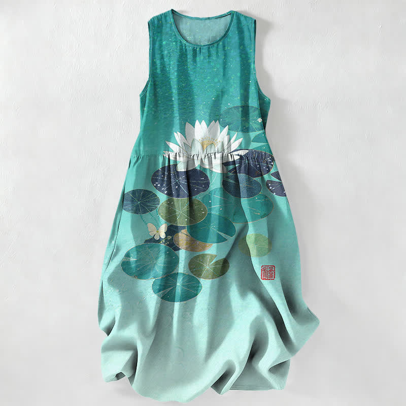 Buddha Stones Vestido midi de verano informal para mujer con estampado de estanque de lotos y sin mangas, con bolsillos. - Turquesa - US16，UK/AU20，EU48 (3XL) - image 4