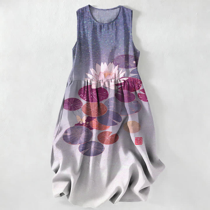 Buddha Stones Vestido midi de verano informal para mujer con estampado de estanque de lotos y sin mangas, con bolsillos. - Lavanda - US16，UK/AU20，EU48 (3XL) - image 5