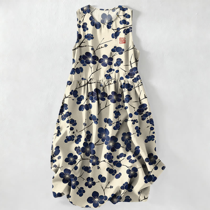 Buddha Stones Vestido midi de verano informal para mujer con estampado floral de hojas en color índigo y bolsillos. - Marfil - US16，UK/AU20，EU48 (3XL) - image 0