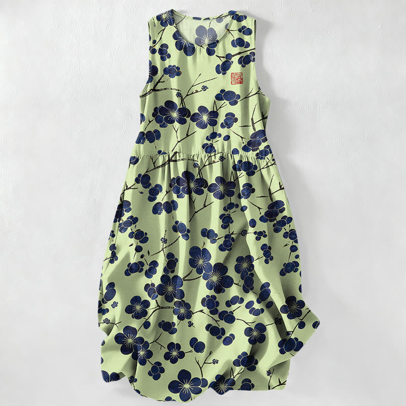 Buddha Stones Vestido midi de verano informal para mujer con estampado floral de hojas en color índigo y bolsillos. - Verde claro - US16，UK/AU20，EU48 (3XL) - image 4