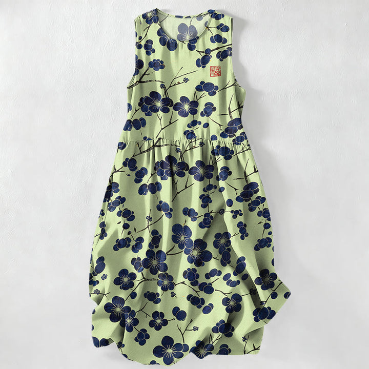 Buddha Stones Vestido midi de verano informal para mujer con estampado floral de hojas en color índigo y bolsillos. - Verde claro - US16，UK/AU20，EU48 (3XL) - image 4