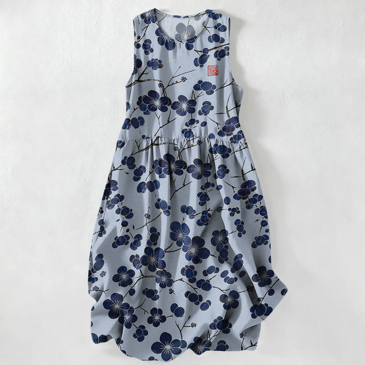 Buddha Stones Vestido midi de verano informal para mujer con estampado floral de hojas en color índigo y bolsillos. - Azul claro - US16，UK/AU20，EU48 (3XL) - image 5