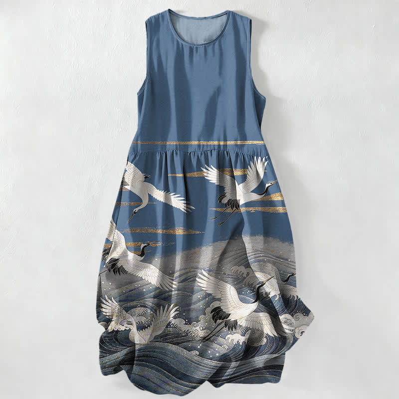 Buddha Stones Vestido midi de verano informal para mujer con estampado de grullas y olas, sin mangas y con bolsillos. - Azul acero - US16，UK/AU20，EU48 (3XL) - image 4