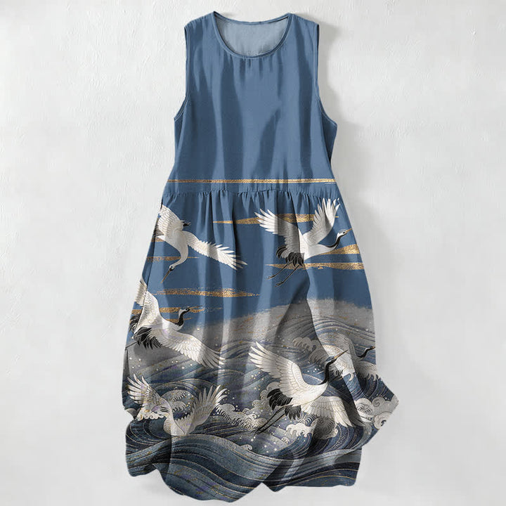Buddha Stones Vestido midi de verano informal para mujer con estampado de grullas y olas, sin mangas y con bolsillos. - Azul acero - US16，UK/AU20，EU48 (3XL) - image 4