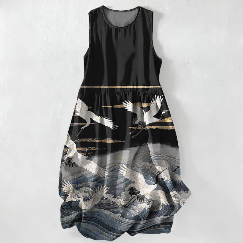 Buddha Stones Vestido midi de verano informal para mujer con estampado de grullas y olas, sin mangas y con bolsillos. - Negro - US16，UK/AU20，EU48 (3XL) - image 5