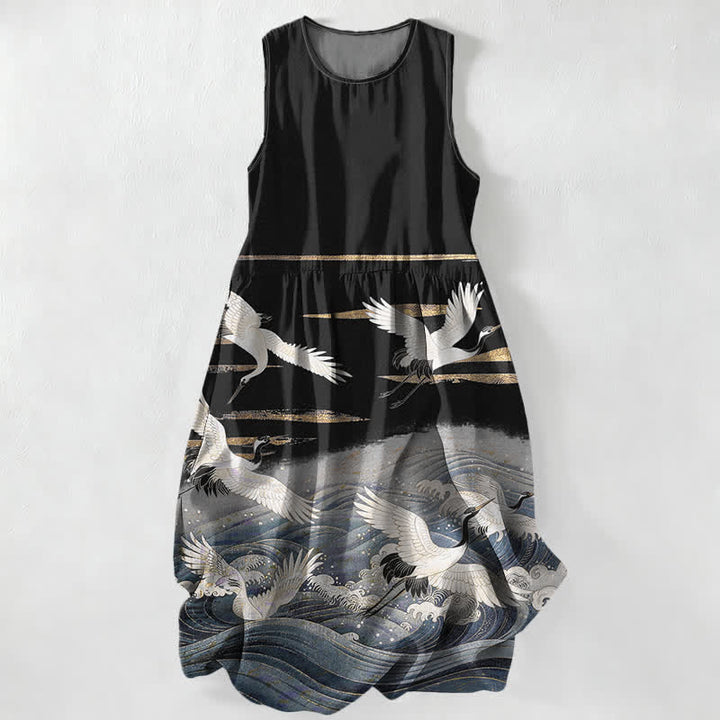 Buddha Stones Vestido midi de verano informal para mujer con estampado de grullas y olas, sin mangas y con bolsillos. - Negro - US16，UK/AU20，EU48 (3XL) - image 5