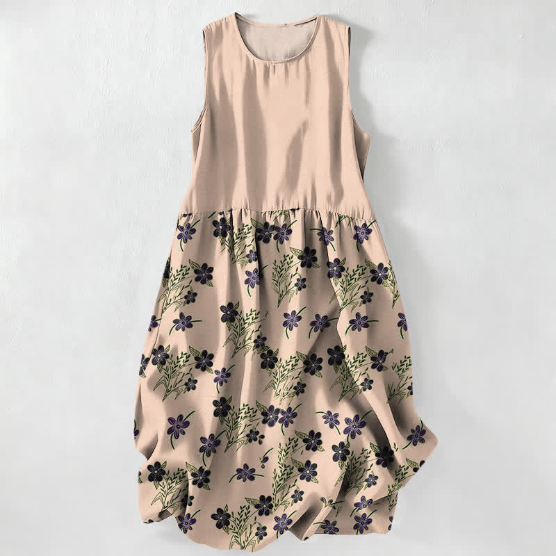 Buddha Stones Vestido midi de verano informal para mujer con estampado floral morado y hojas, sin mangas y con bolsillos. - PeachPuff - US16，UK/AU20，EU48 (3XL) - image 5
