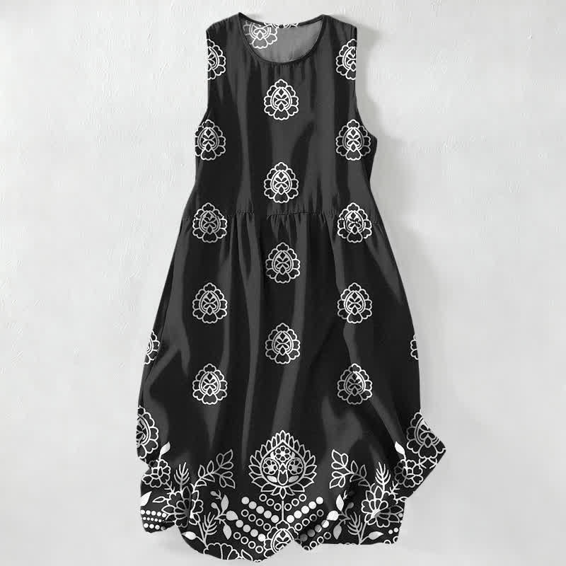 Buddha Stones Vestido midi de verano informal vintage para mujer con estampado de medallones florales y hojas, sin mangas y con bolsillos. - Negro - US16，UK/AU20，EU48 (3XL) - image 0