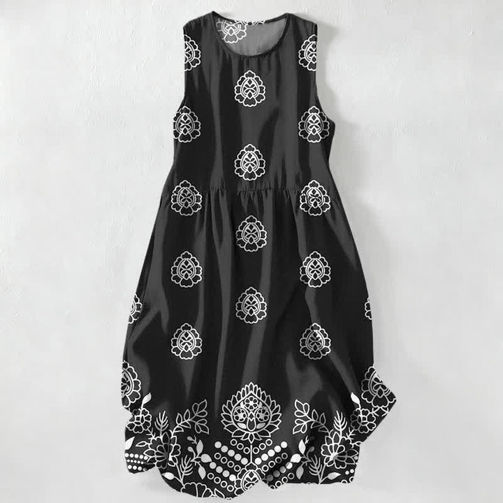Buddha Stones Vestido midi de verano informal vintage para mujer con estampado de medallones florales y hojas, sin mangas y con bolsillos. - Negro - US16，UK/AU20，EU48 (3XL) - image 0