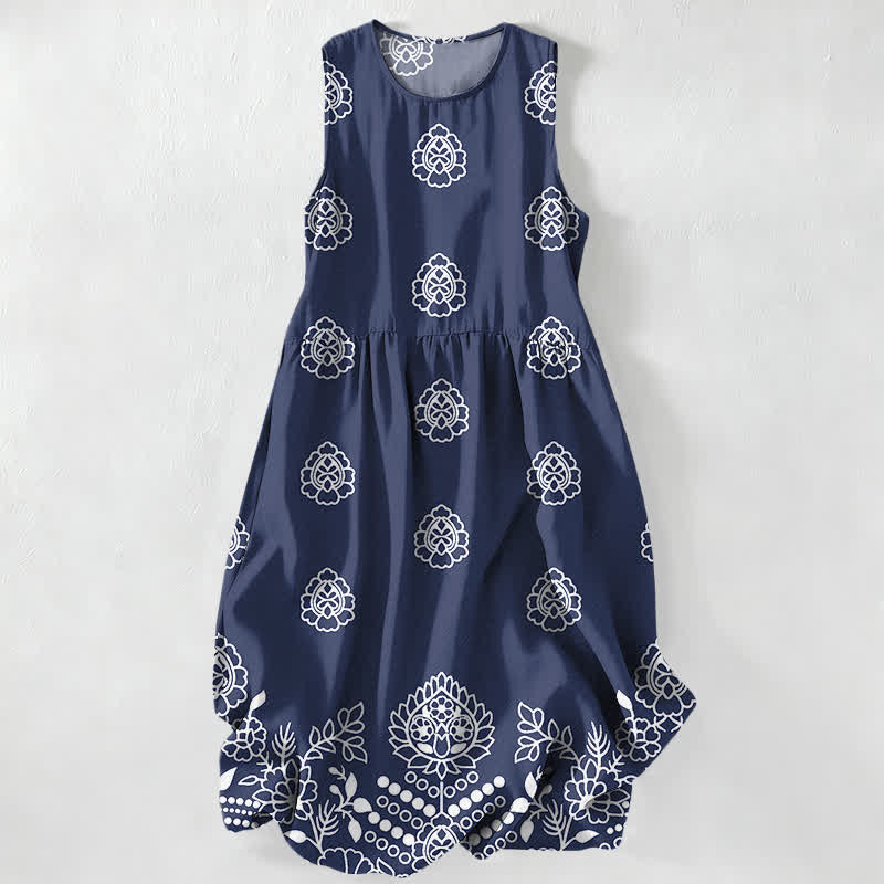 Buddha Stones Vestido midi de verano informal vintage para mujer con estampado de medallones florales y hojas, sin mangas y con bolsillos. - Azul acero - US16，UK/AU20，EU48 (3XL) - image 4