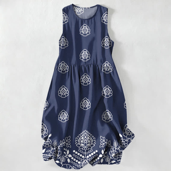 Buddha Stones Vestido midi de verano informal vintage para mujer con estampado de medallones florales y hojas, sin mangas y con bolsillos. - Azul acero - US16，UK/AU20，EU48 (3XL) - image 4