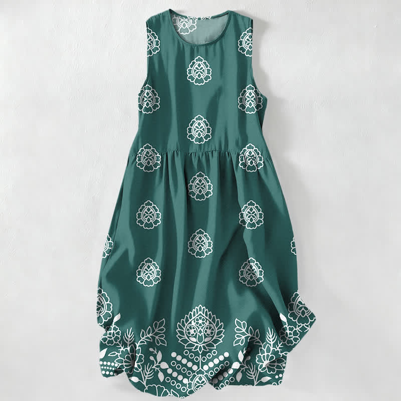 Buddha Stones Vestido midi de verano informal vintage para mujer con estampado de medallones florales y hojas, sin mangas y con bolsillos. - Aguamarina medio - US16，UK/AU20，EU48 (3XL) - image 5