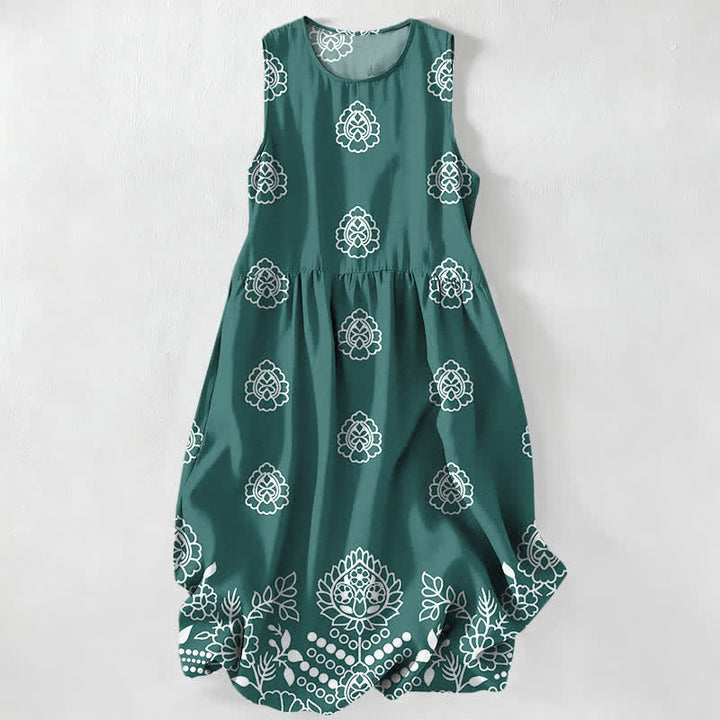 Buddha Stones Vestido midi de verano informal vintage para mujer con estampado de medallones florales y hojas, sin mangas y con bolsillos. - Aguamarina medio - US16，UK/AU20，EU48 (3XL) - image 5